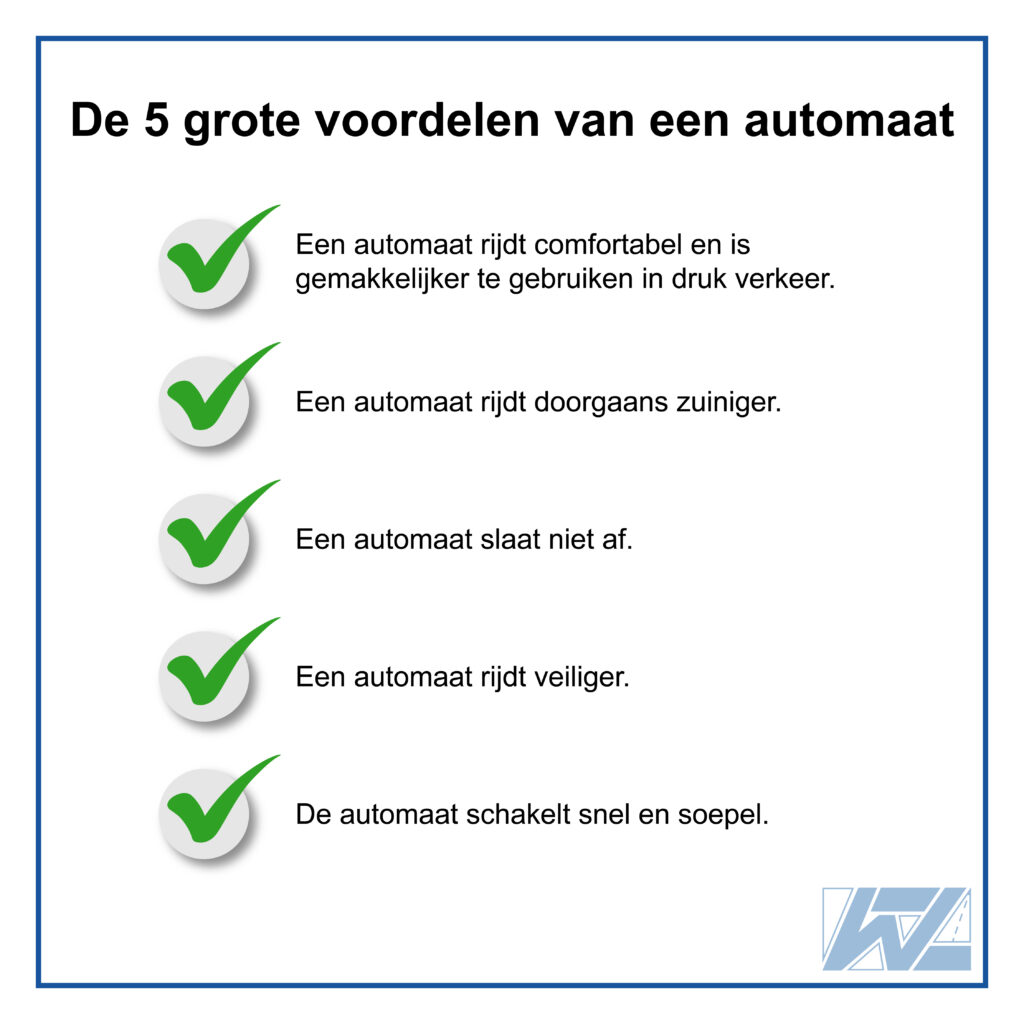 De 5 grote voordelen van een automaat vs. handgeschakeld:

	✓ 1. Een automaat rijdt comfortabel en is gemakkelijker te gebruiken in druk verkeer.
	✓ 2. Een automaat rijdt doorgaans zuiniger 
	✓ 3. Een automaat slaat niet af
	✓ 4. Een automaat rijdt veiliger
	✓ 5. De automaat transmissie schakelt snel en soepel
