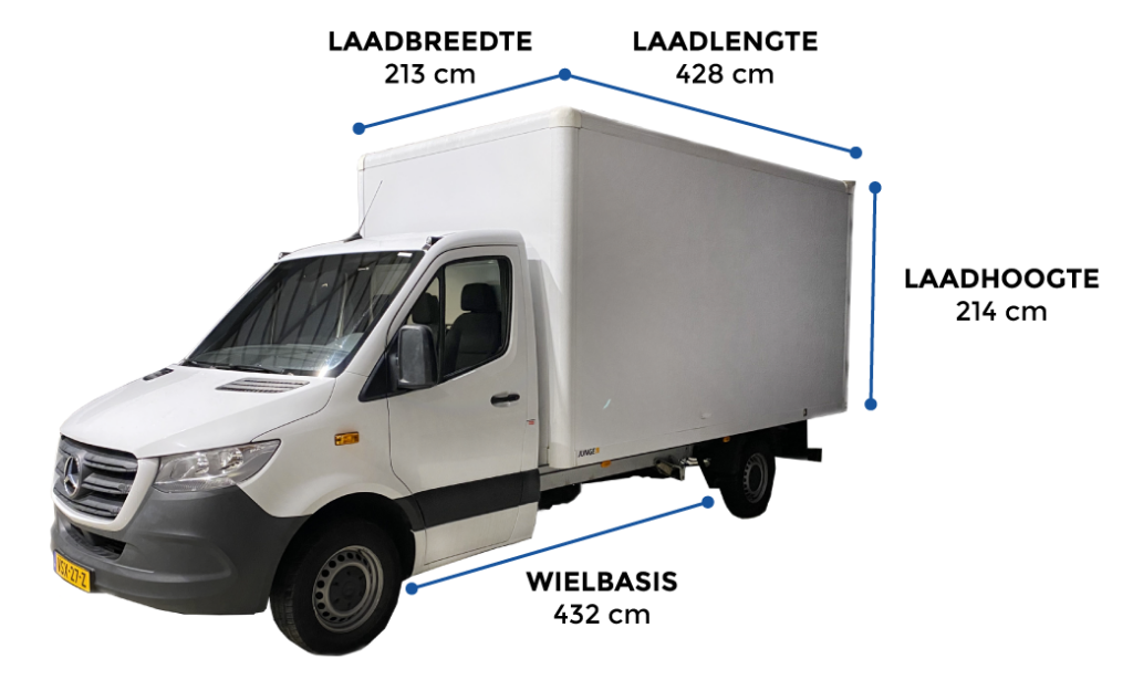 De Mercedes Sprinter Bakwagen kun je kopen en financial leasen met een:
Laadlengte van 428 cm
Laadhoogte van 214 cm
Laadbreedte van 213 cm
Wielbasis 432 cm